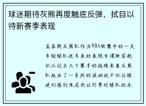 球迷期待灰熊再度触底反弹，拭目以待新赛季表现
